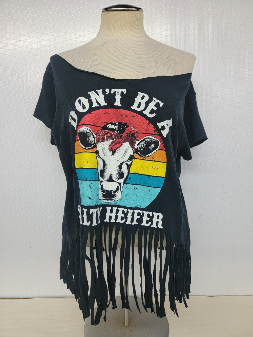 Graphic Fringe Tee - "Don't Be a Salty Heifer" - Black